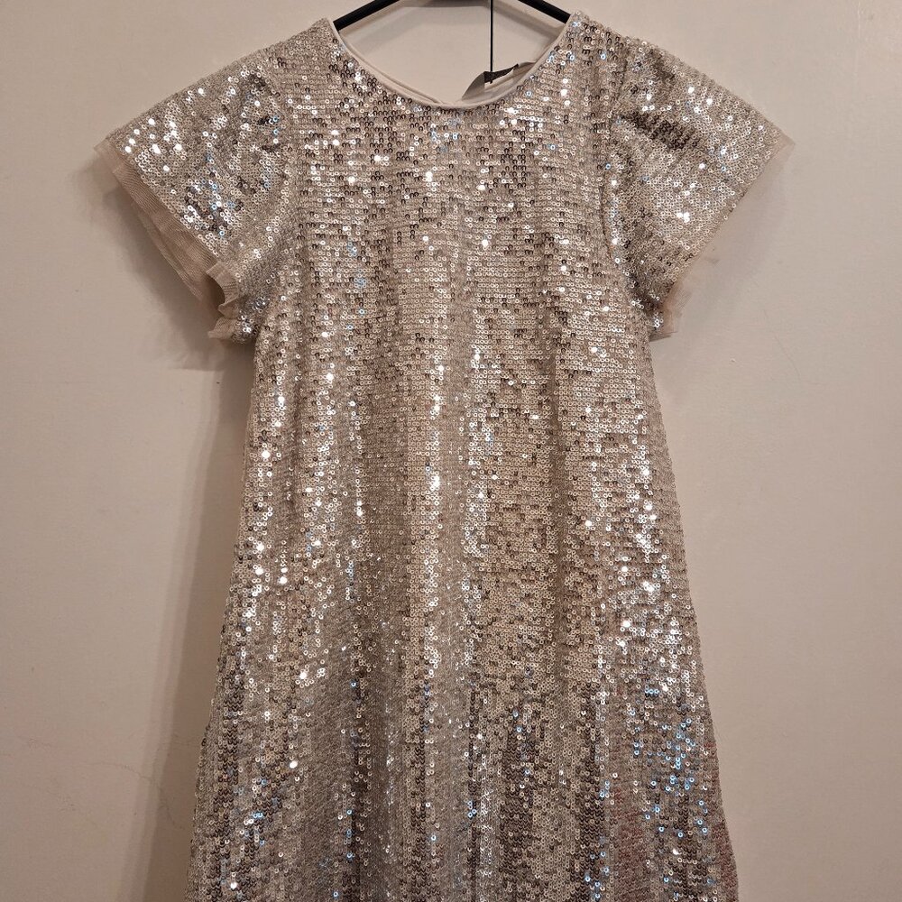 Girls beige/light gold sequin short sleeve dress - Sz 7 / 128cm